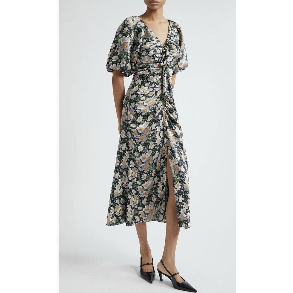 Cinq à Sept Brenton Cosmo Flower Puff Sleeve Ruched Midi Dress Size6